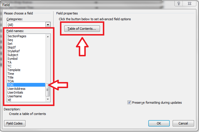 Word_Table of Contents_Edit Field